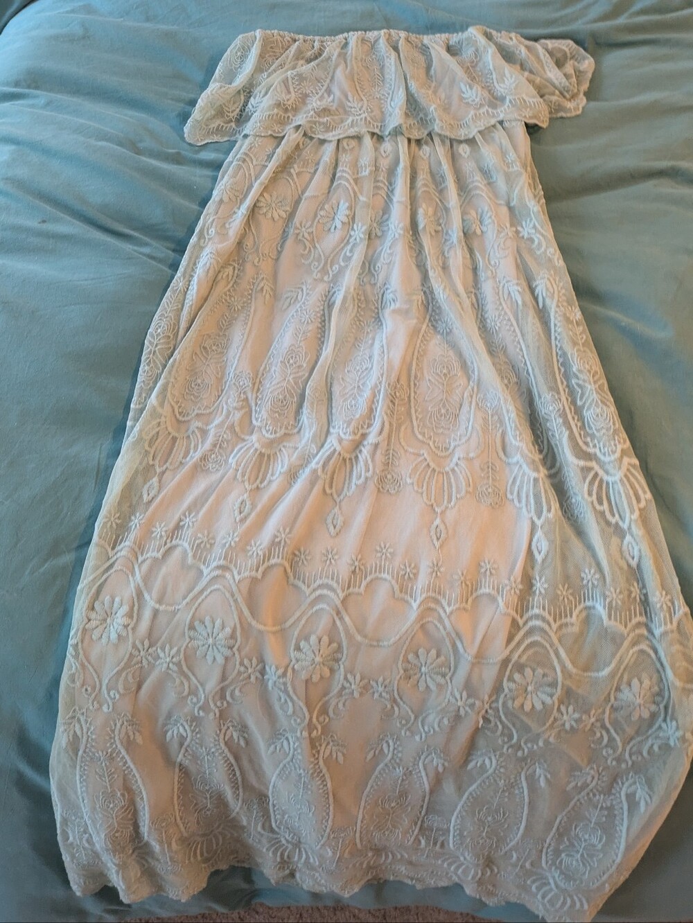 Forever 21 Green Lace Sleeveless Dress Size M Maxi Ruffle Layer Sheer Overlay